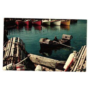 Vintage Postcard South Shore Nova Scotia Fish Lobster Traps Lake Boats Crab